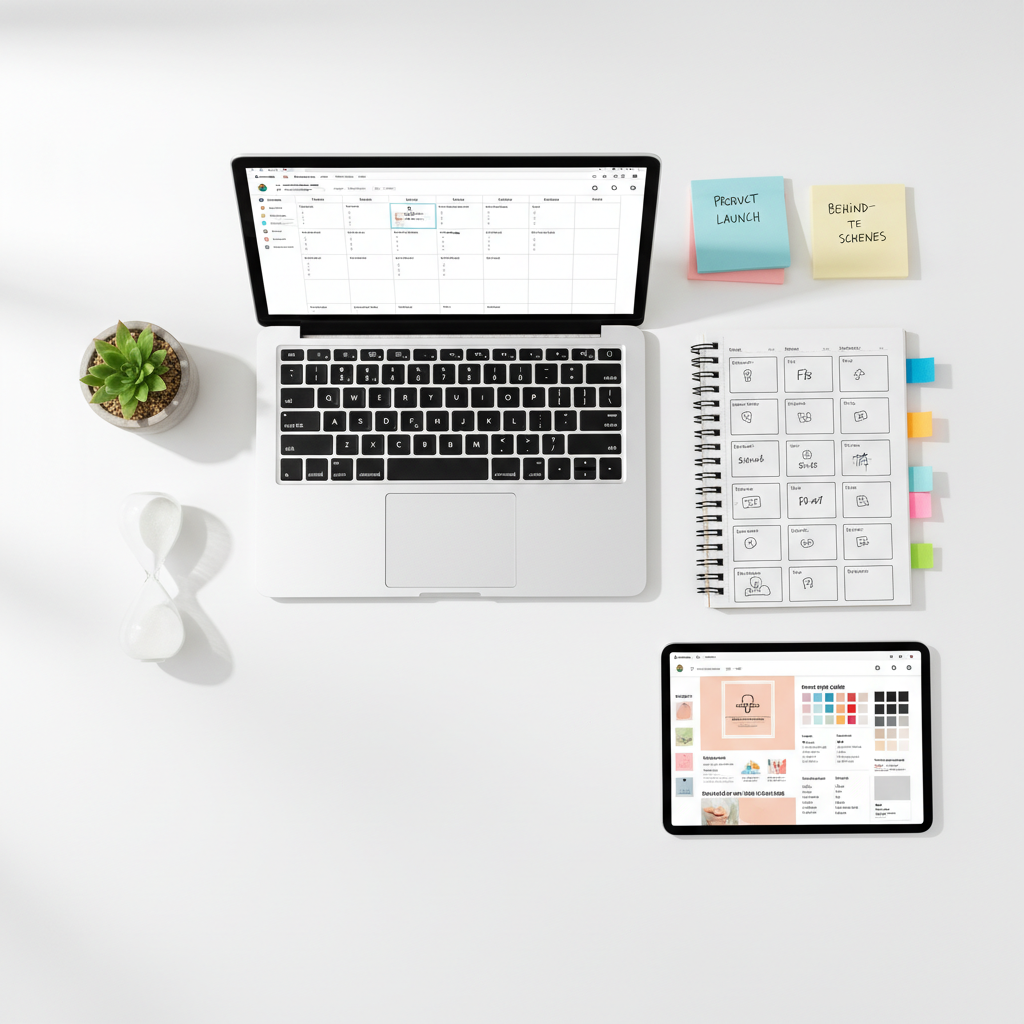 An immaculate white tabletop with a carefully arranged flat lay of social media marketing tools: a slim laptop open to a content planning board, a notebook with neatly drawn boxes representing posts, colorful sticky notes forming theme clusters, and a tablet showing a visually rich brand style guide. Around them are subtle props like a small potted plant and a minimalist hourglass to suggest time management. Bright, diffused natural light from an unseen window creates soft shadows and a clean, airy look. Photographic realism, shot directly from above for a crisp, organized composition, evoking strategic thinking, clarity, and professional planning for effective social media campaigns.