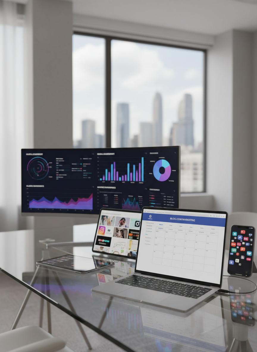 A sleek, modern glass desk covered with an array of digital devices displaying different social media dashboards and analytics charts. A slim metallic laptop shows a content calendar grid, while a large ultra-wide monitor glows with colorful engagement graphs and heatmaps. Nearby, a tablet displays a grid of eye-catching post thumbnails and a smartphone shows notification icons. The workspace is set in a minimalist office with neutral tones and a blurred city skyline through a large window. Soft daylight floods in from the side, casting gentle reflections on the glass surface. Photographic realism, shot from a slightly elevated angle with a shallow depth of field, creating a focused, professional atmosphere ideal for a social media marketing blog homepage hero image.