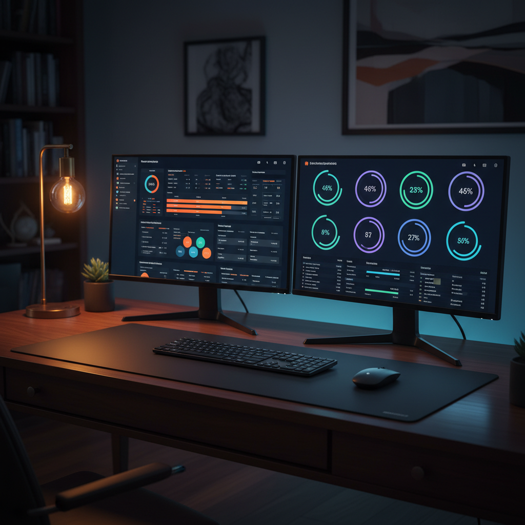 A dark, elegant dual-monitor setup on a wooden desk, both screens filled with high-contrast social media ad dashboards, A/B test comparisons, and conversion funnels. One monitor highlights a detailed paid campaign performance report, while the other shows live metrics updating on various platforms represented by abstract, non-branded icons. A wireless keyboard and mouse rest perfectly aligned on a matte black desk mat. Subtle LED accent lighting glows in cool blue along the back edge of the desk, contrasting with the warm desk lamp illuminating the keyboard. Photographic realism, captured at eye level with a medium depth of field, creating a sophisticated, data-driven mood that communicates expert-level performance marketing analysis.