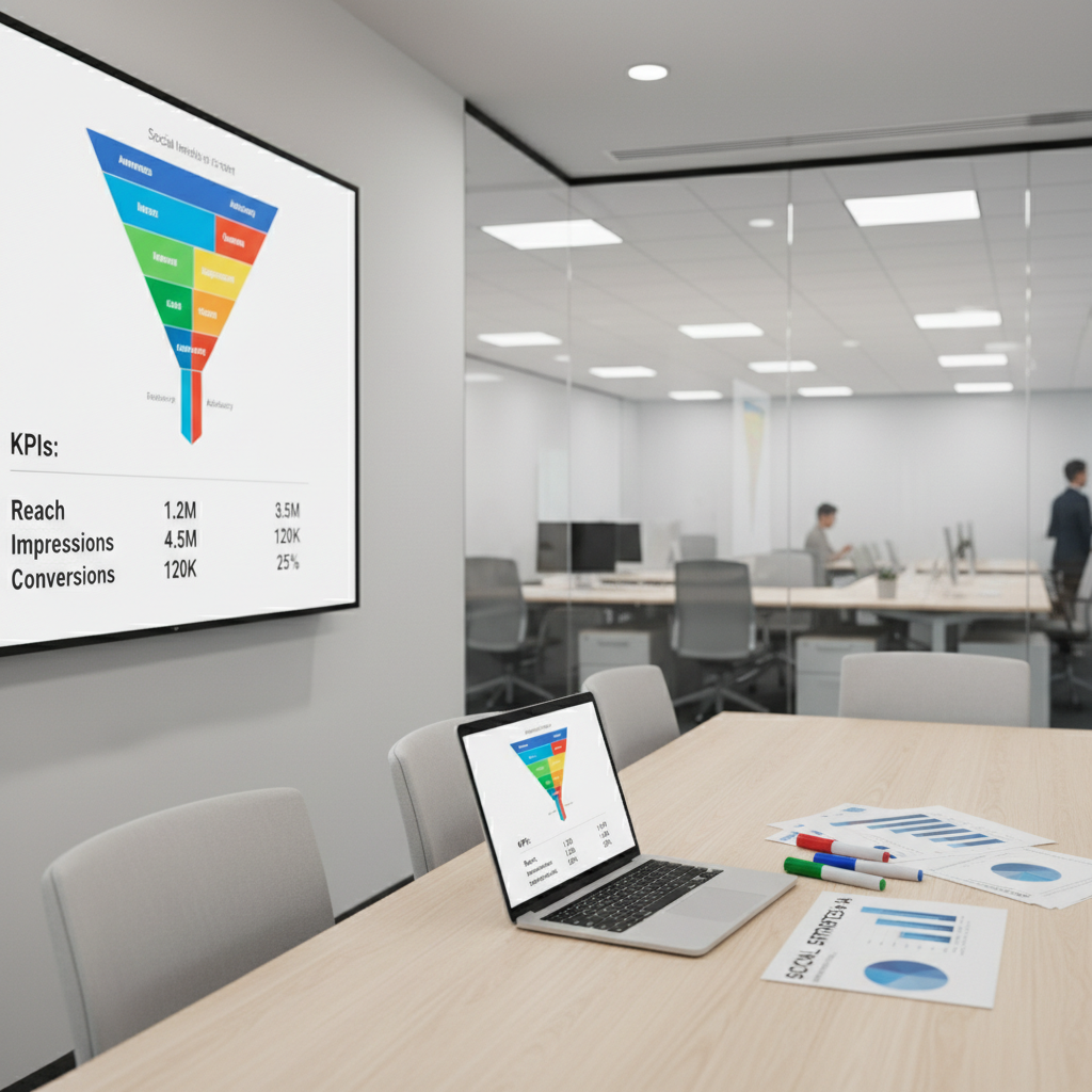 A large wall-mounted digital screen in a conference-style workspace displaying a vivid, multi-colored social media funnel diagram and key performance indicators. In front of it, a long light-wood table holds an open laptop mirroring the presentation, printed strategy documents with bold but non-readable charts, and a few tidy, color-coded markers. The room features glass walls with a softly blurred office environment beyond, implying a professional setting. Overhead recessed lighting provides even, neutral illumination, with gentle reflections on the table surface. Photographic realism, composed using the rule of thirds from a side angle, emphasizing the large screen and the clean, organized strategy materials, conveying high-level planning and executive-ready social media marketing insights.